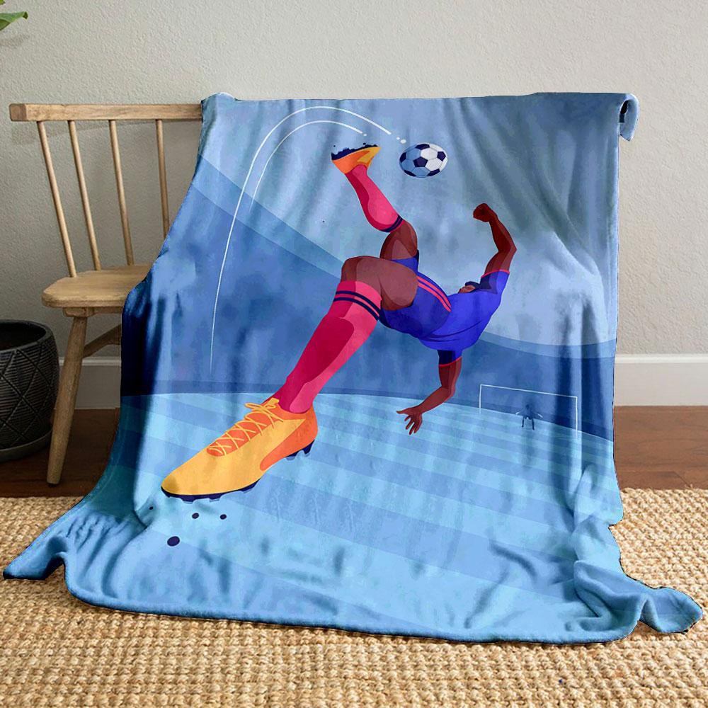 A soccer player performs an acrobatic kick, striking the ball mid-air. for all seasons blanket lunch break throw gift