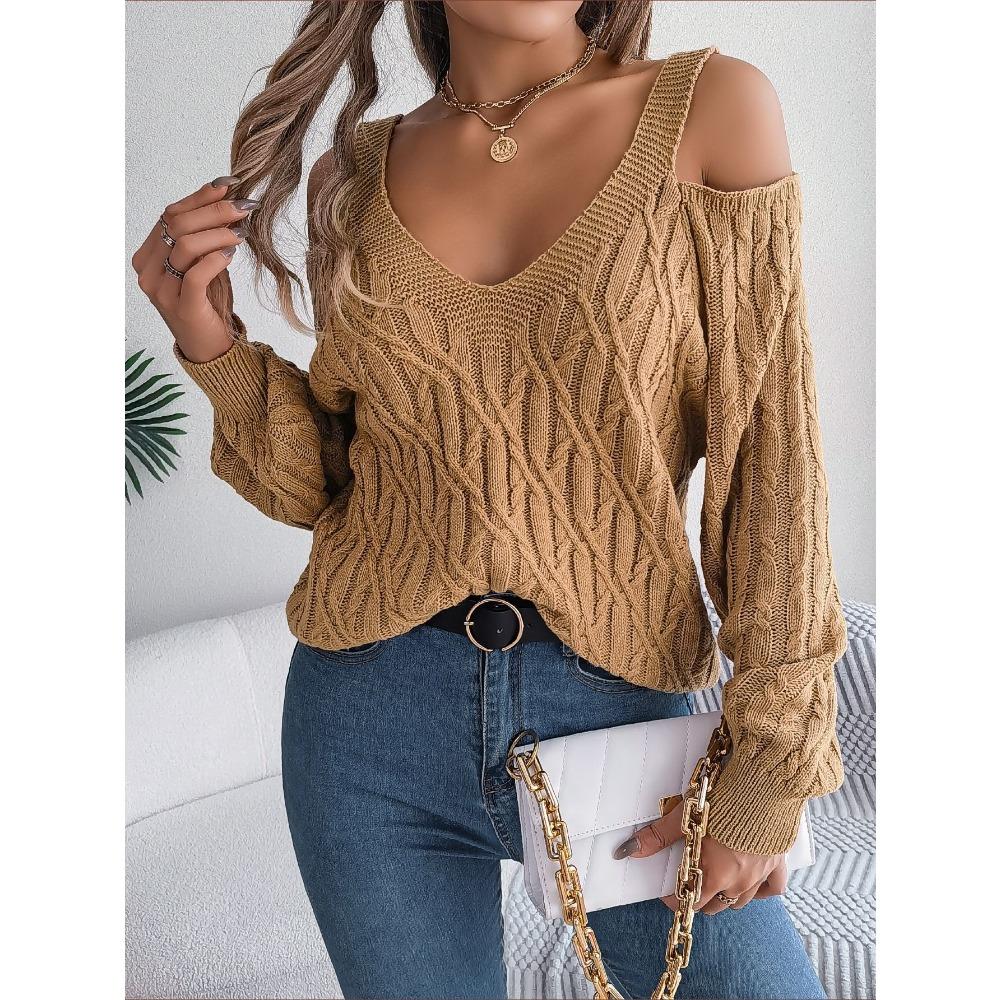 Women's Sweatshirt - Versatile Casual Solid Colour Cable-Knit Off-the-Shoulder Bell-Sleeve Knitwear