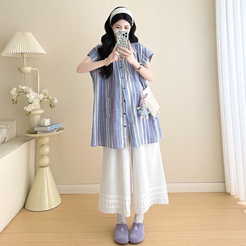 2026 Chic Maternity Summer 2-Piece Set: Striped Top & Wide-Leg Pants XL