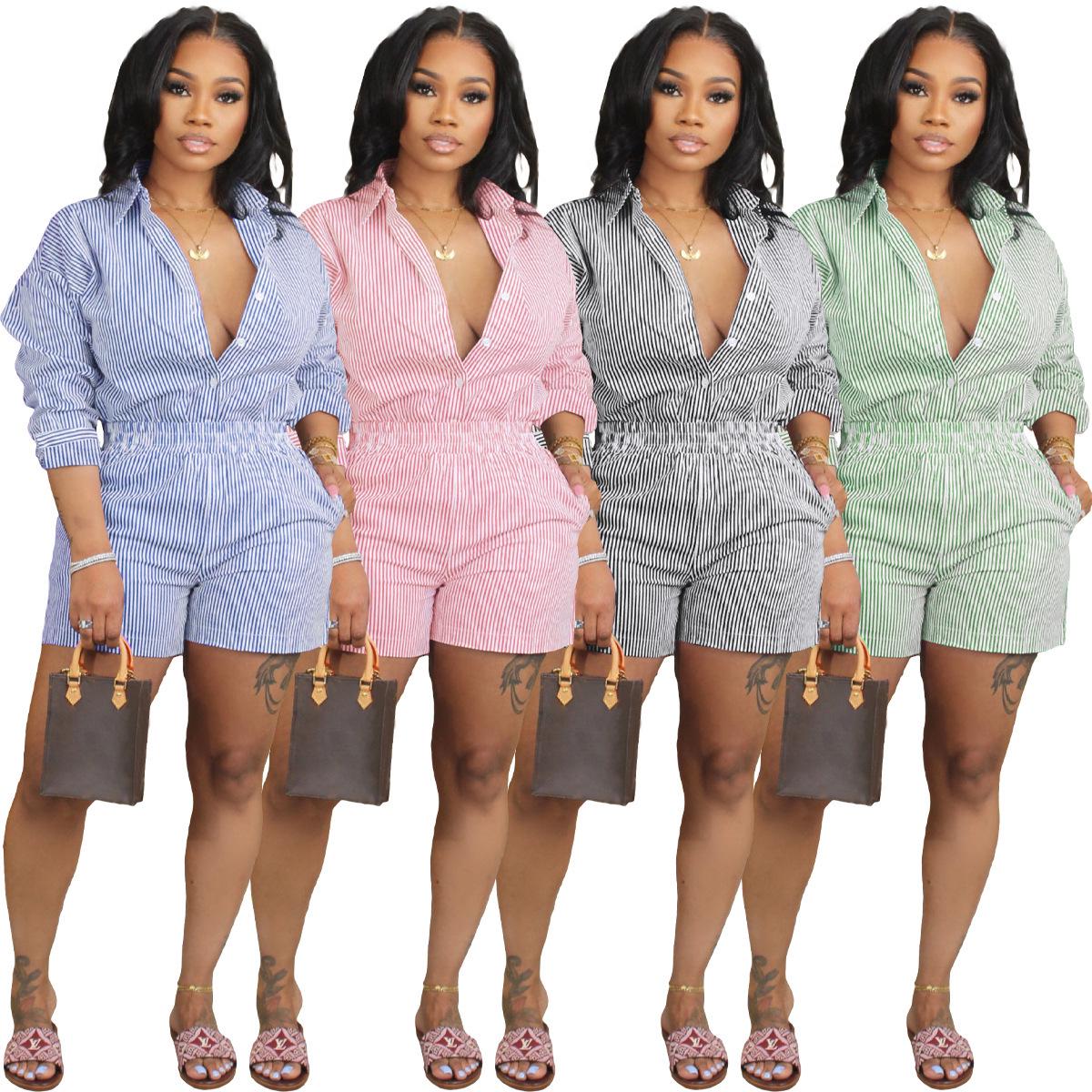

Spring/Summer Women s Striped Button Lapel Two-Piece Set XL