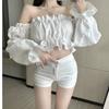 Pure desire girl one-word shoulder ruffle edge long-sleeved shirt women's design sense niche spring and autumn short chic top