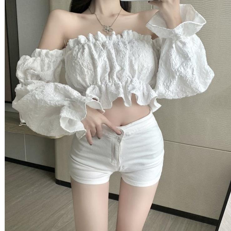 Pure desire girl one-word shoulder ruffle edge long-sleeved shirt women's design sense niche spring and autumn short chic top