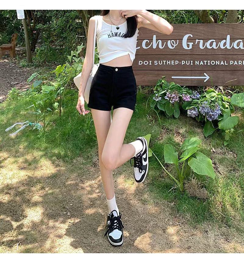 Summer 2024 Women's Black High-Waist Slim Denim Shorts, Korean Edition