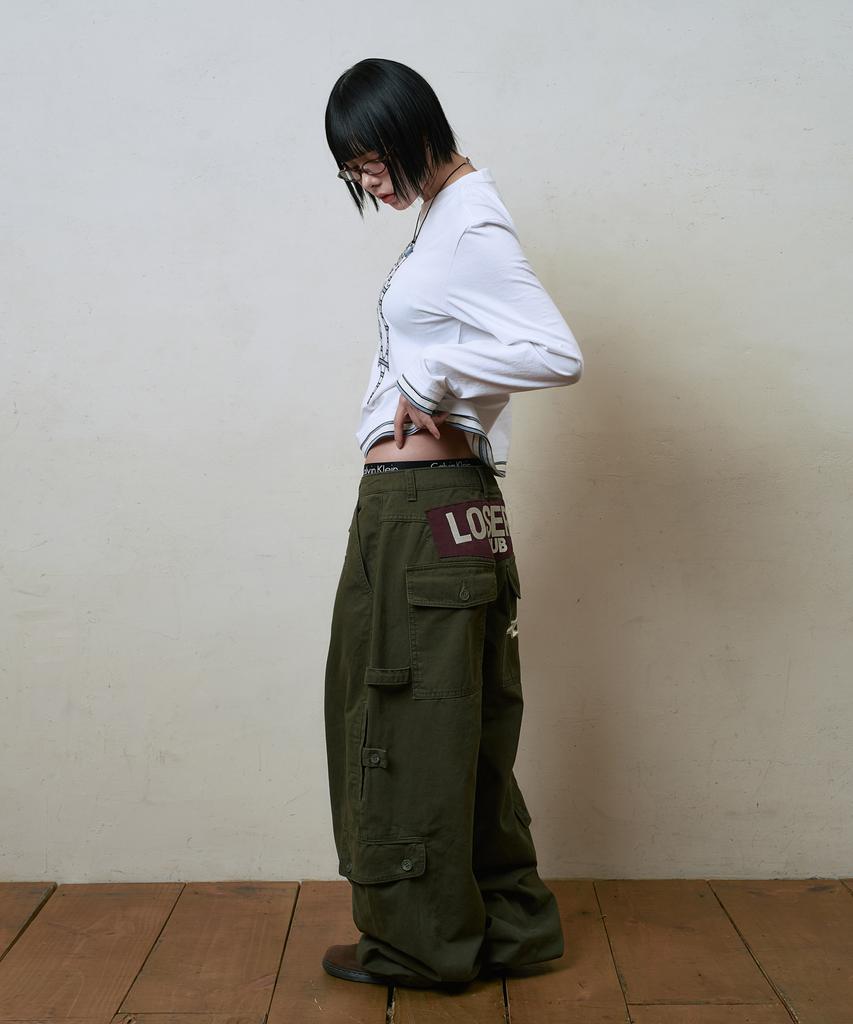Lujeoseukeulleob Multi Cargo Pocket Wide Cotton Pants Khaki