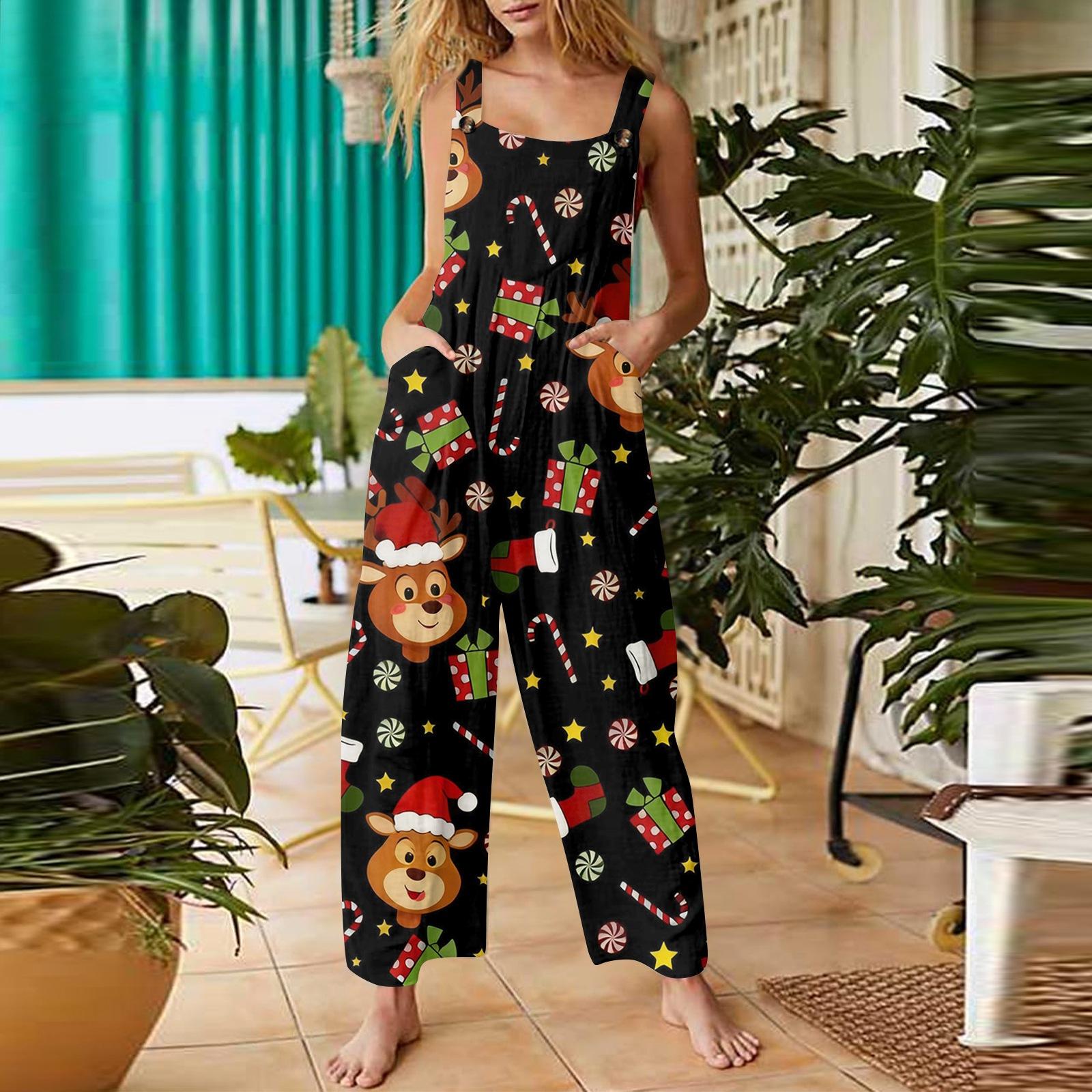 

Women s Cute Printed Casual Loose Retro Overalls Cotton And Linen Jumpsuit L чорний