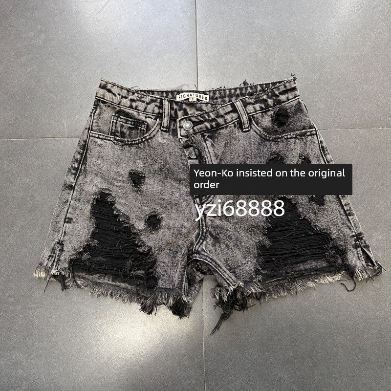 

Лос-Анджелес Одиночные Крутые Серые Черные Асимметричные Брюки С Высокой Посадкой Подчеркивающие Фигуру Необработанный Край Рваные Сексуальные Сексуальные Горячие Шорты Деним Шорты Gray black Denim shorts M