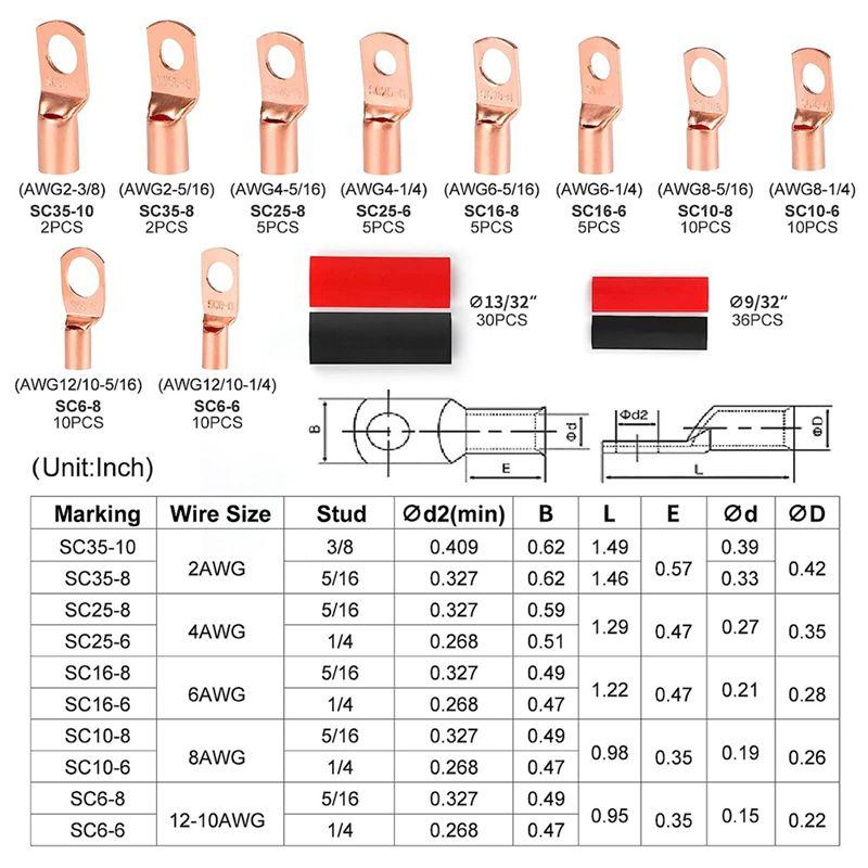 AEE2-130PCS Copper Wire Lugs Used On AWG12 10 8 6 4 2 Cable,Heat Shrink Set,Ring Terminals Connectors