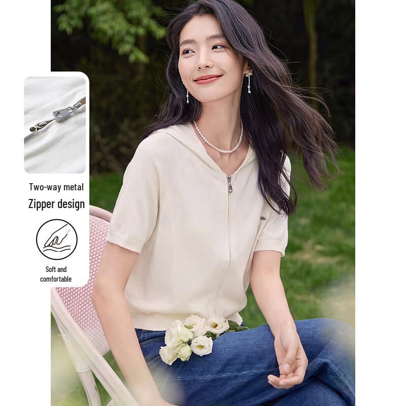 Women s Short Sleeve Hooded Knit Cardigan M