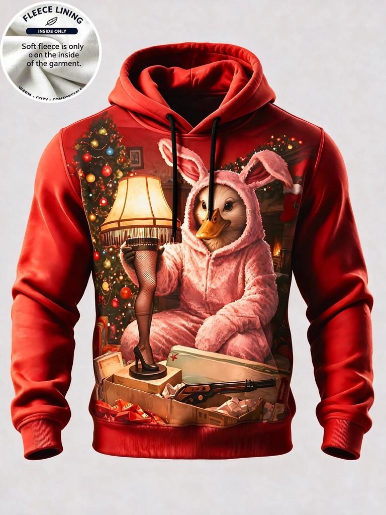 3D Print Christmas Fleece Hoodie Funny Santa Stuck In Chimney Reindeer Snow Scene Pullover Long Sleeve Holiday Sweatshirt