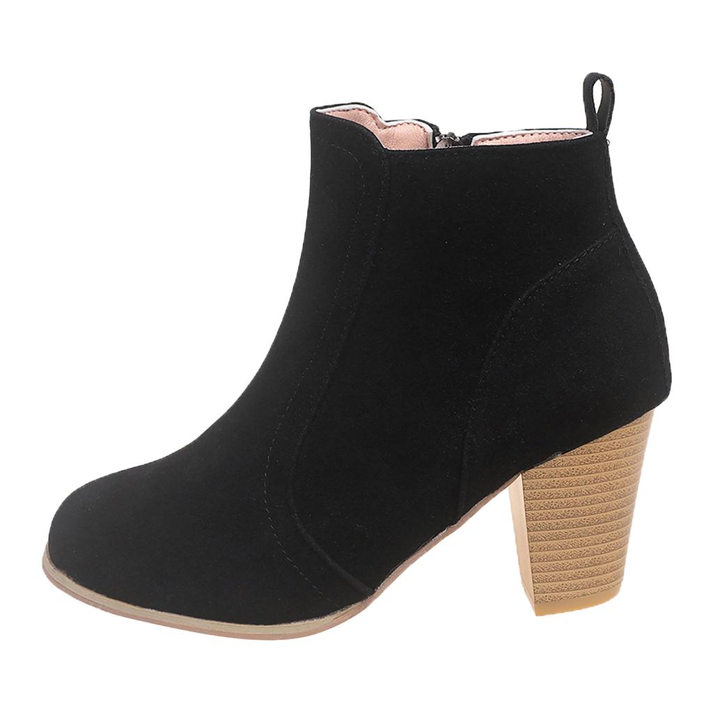 Damen Bequeme Runde Spitze Einfarbige Hohe Absätze Kurzer Schaft Seitenreißverschluss Modische Knöchelboots Stiefel für Damen Leder