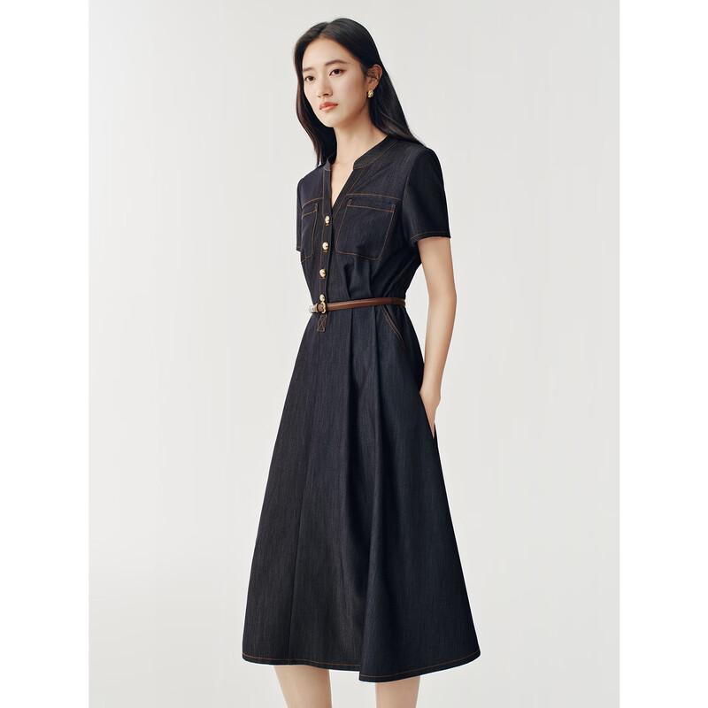 JUZUI 2026 Summer Women's Retro Topstitched Denim Dress