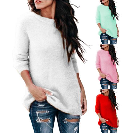 Casual Women Autumn Winter O Neck Long Sleeve Plushy Knitted Pullover Sweater