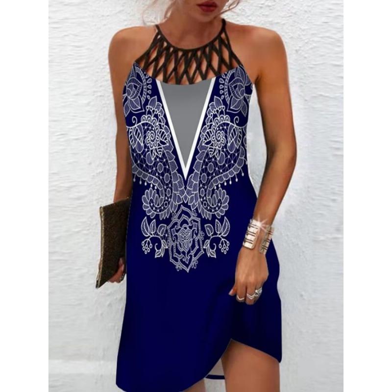 VEZFAA Women's Fashion Summer Spring Colour Block Print Sleeveless Middle Waistline Casual Dresses