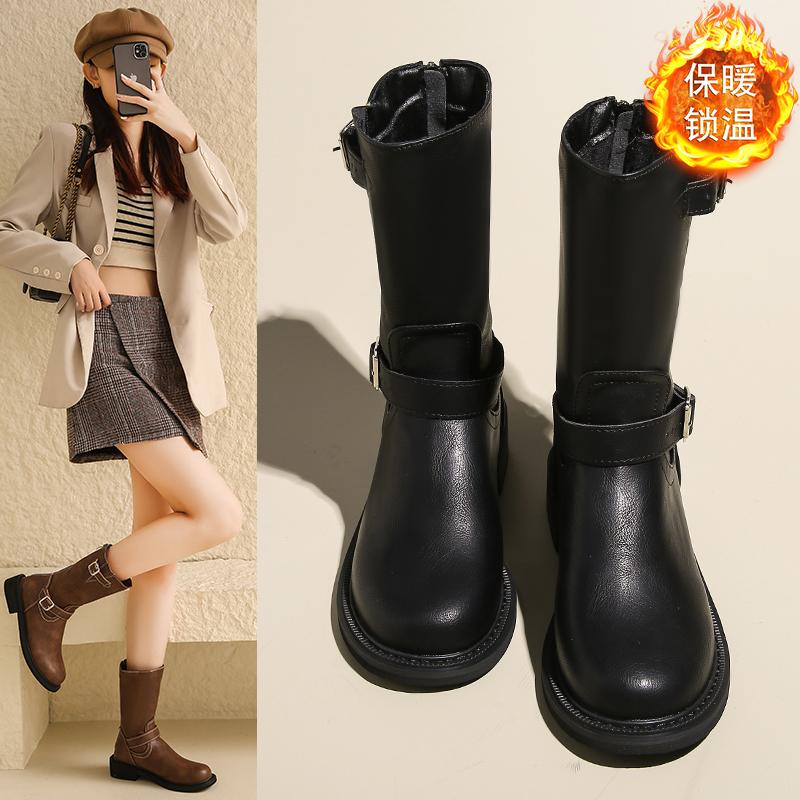 Designer Women Shoes  Autumn Winter New Platform Women's Boots Classic Round Toe Brown Boots British Ladies Mid-calf Boots