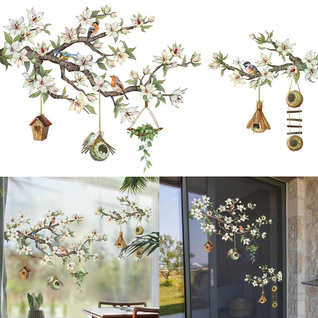 Uccelli su rami fioriti, adesivi murali rimovibili per finestre, decorazioni floreali artistiche per finestre in vetro.