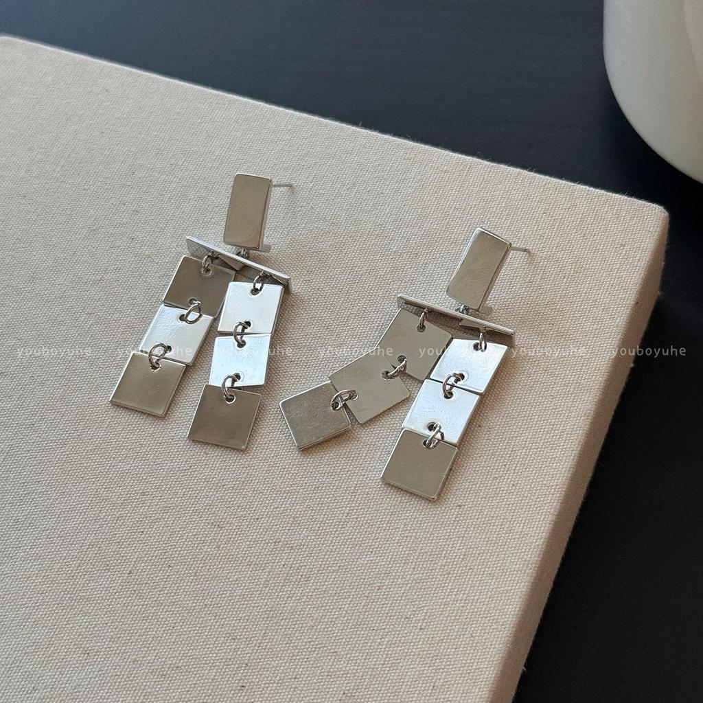 Silver Square Metal Tassel Earrings: Heavy-Duty, High-End Studs for Women, New 2025 Edition