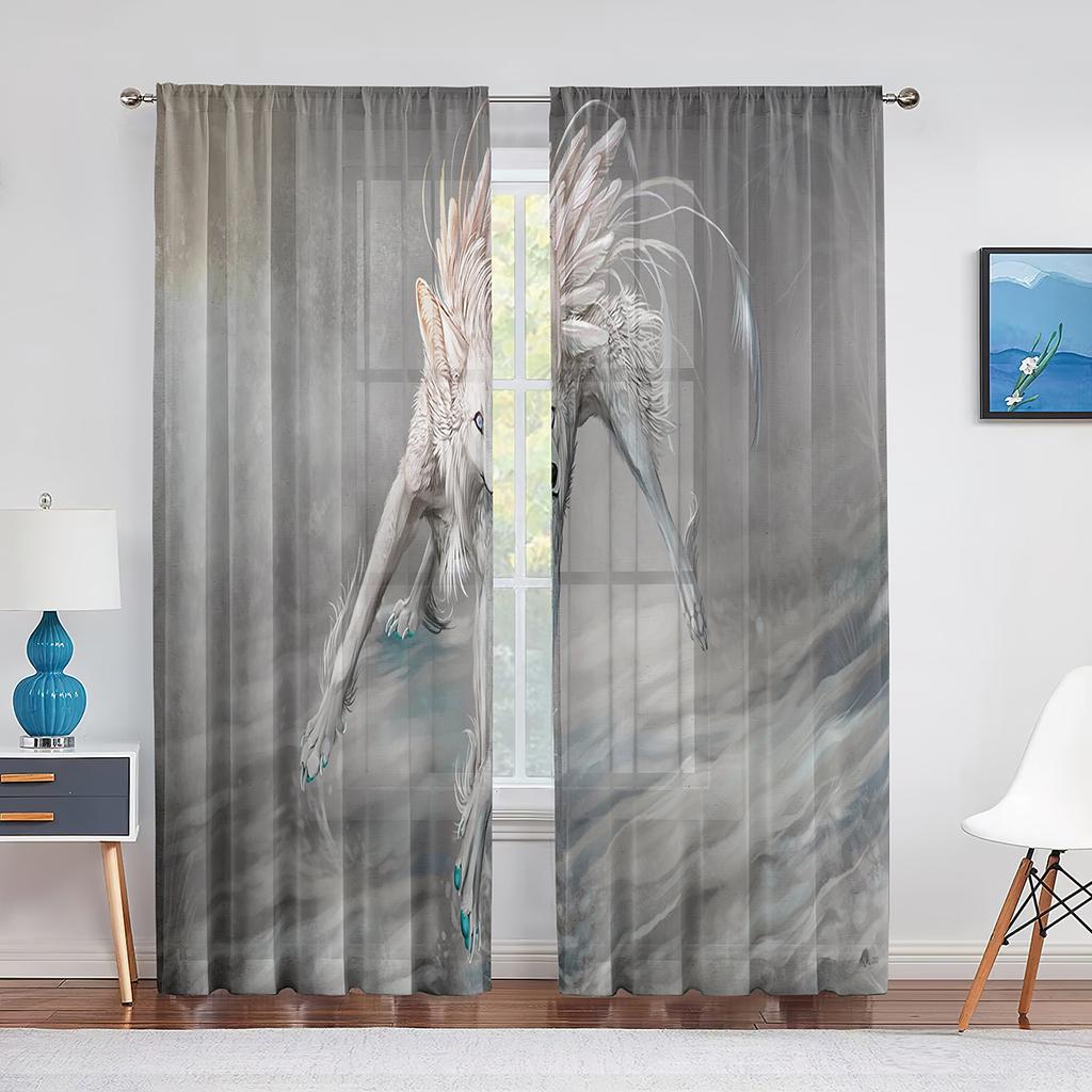 Wolf Sheer Voile Curtain Ice Fire Wolves Look At Each Other Window Tulle Curtains for Living Room Bedroom Kitchen Decor Drapes