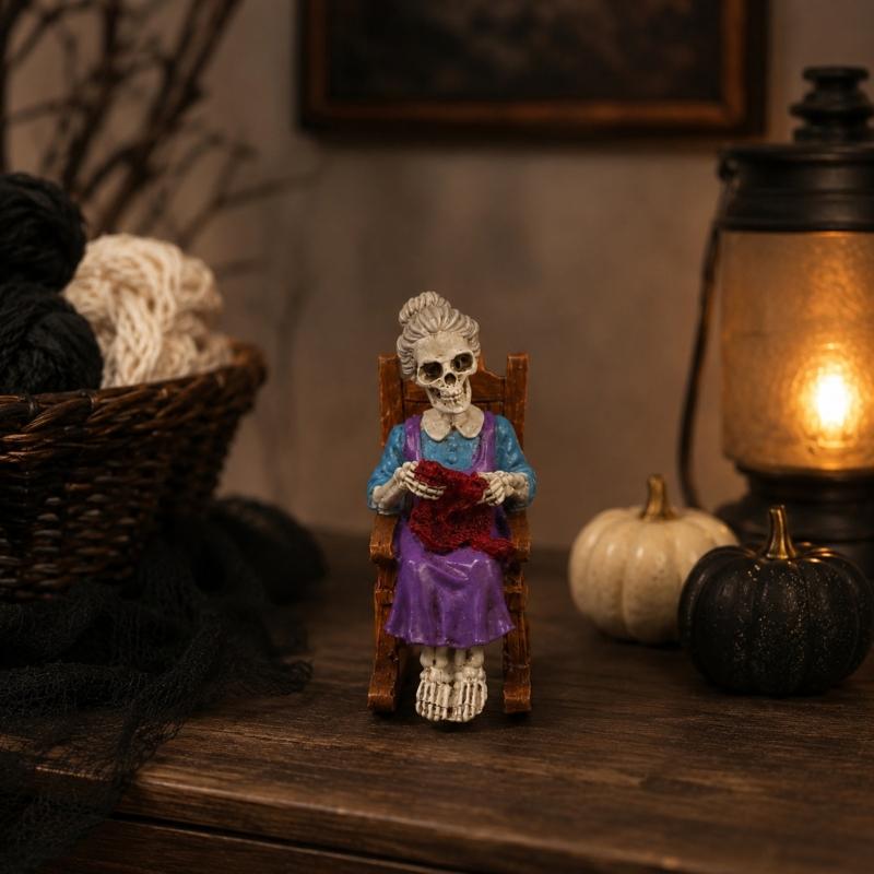 Halloween Rocking Chair Figure for Shelf Display and Room Styling, Skull Home Accent for Bookcase and Entry Placement