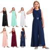 Kinderen Meisjes Feest Jumpsuit Effen Kleur Ronde Hals Mouwloos Hoge Taille Geplooide Chiffon Afneembare Bloemen Versierde Jumpsuit met Riem voor Bruiloft