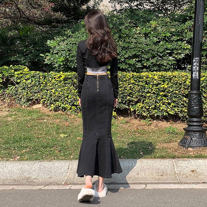 High-Waisted Ruffled Denim Fishtail Skirt for Women - Mid-Length, Elastic, Perfect for Autumn/Winter 2022