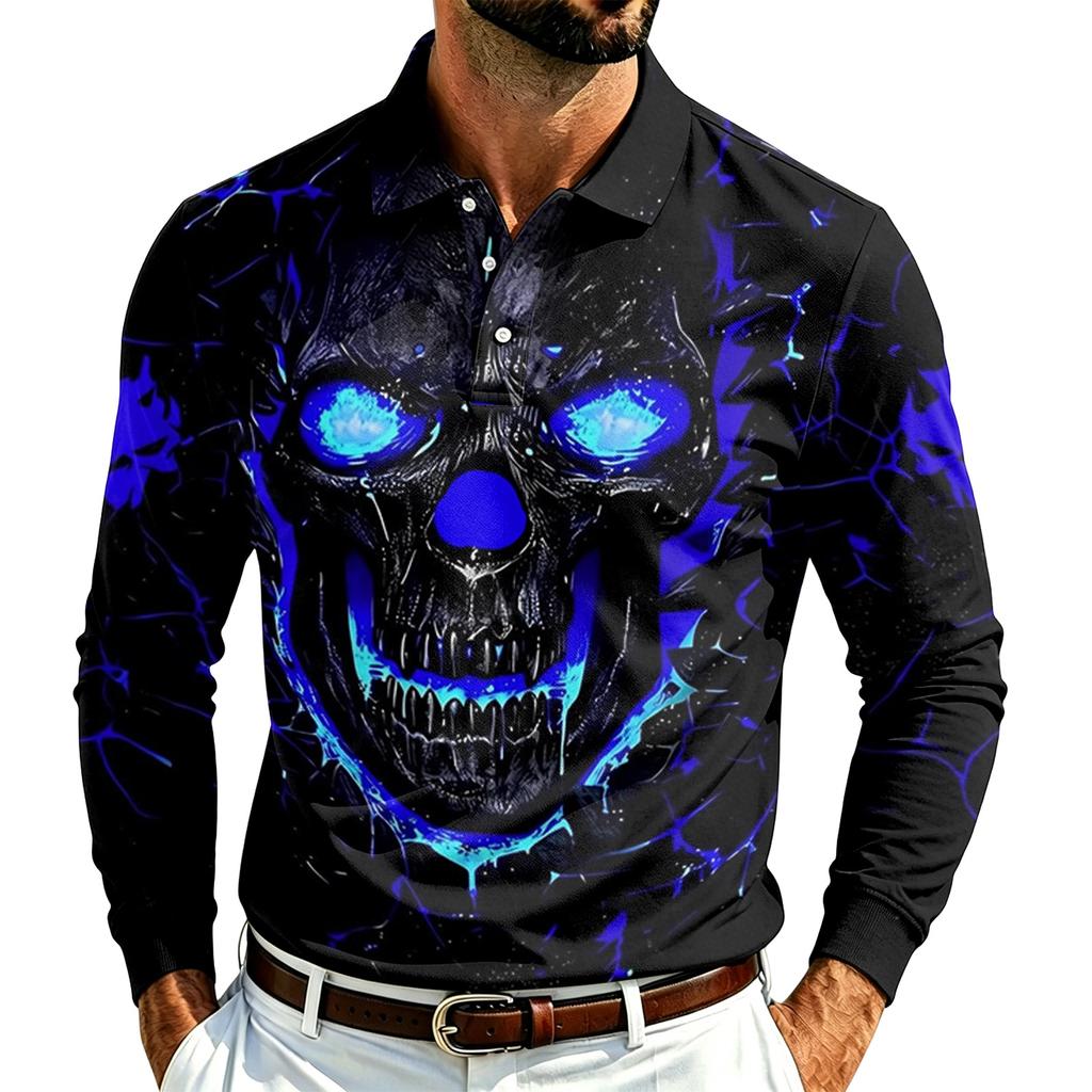 Men's Long Sleeve Mesh Shirt with Collar and Halloween Print Lightweight Breathable Top for Fall