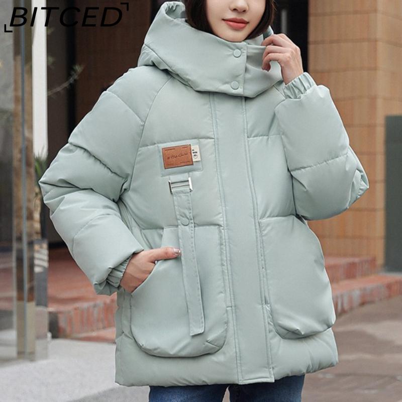 

BITCED Women s Oversized Quilted Hooded Puffer Jacket British Style Fabric Patch Slimming Puffer Coat Three-Dimensional Pockets Outerwear XXL зелёный