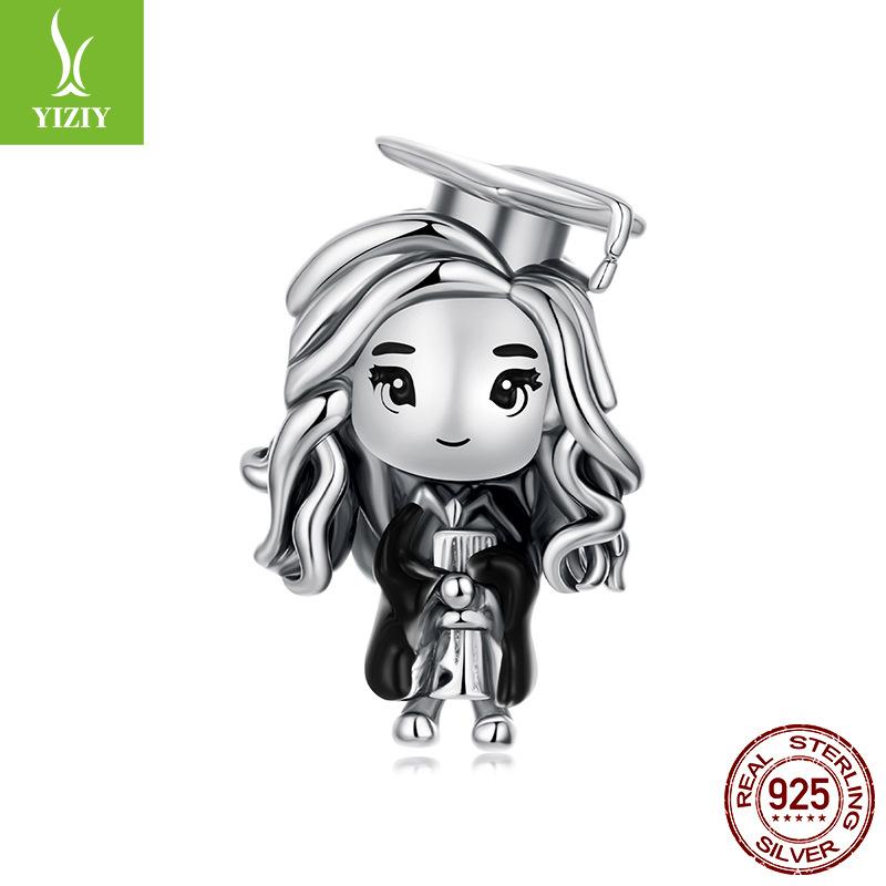 Graduation Season S925 Sterling Silver Beaded Accessories Creative Design Scholar Hat Pendant Graduation Gift