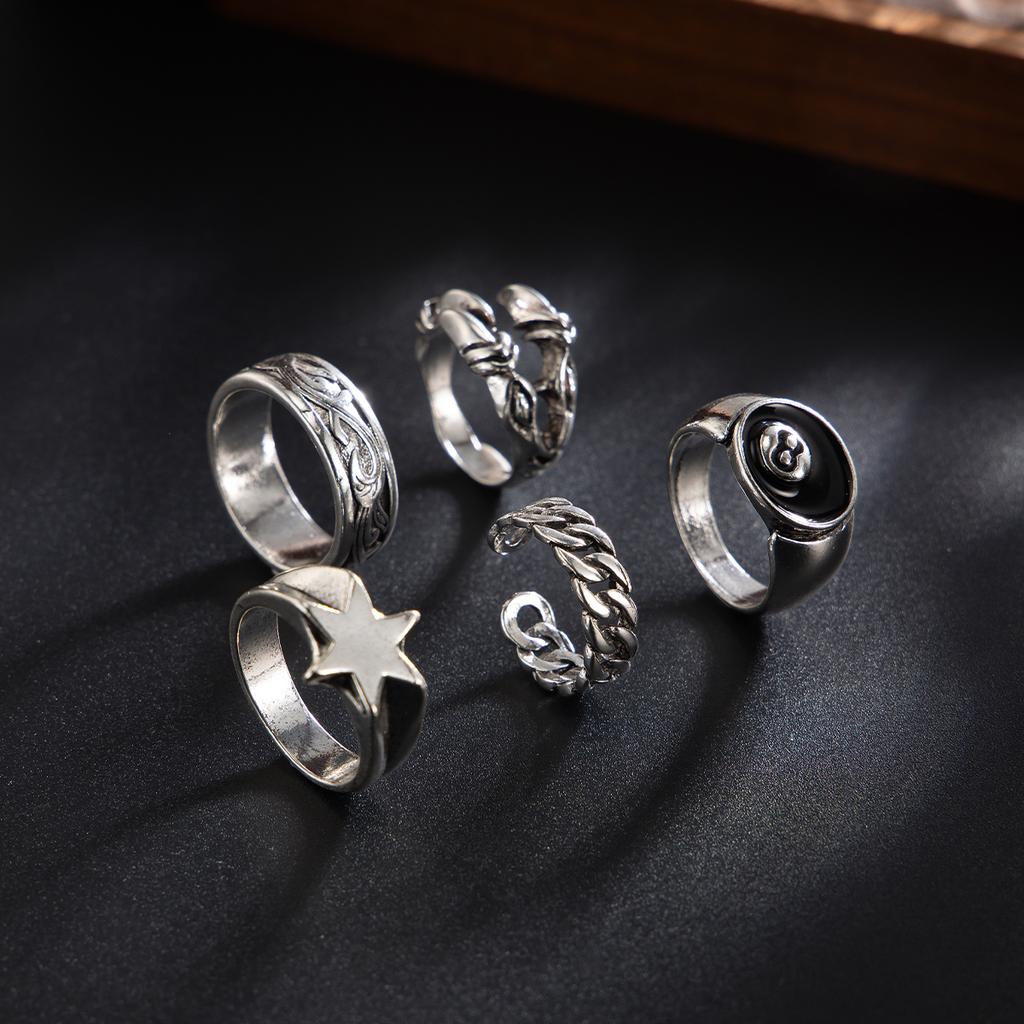 SHIXIN 6Pcs/Set Vintage Silver Color Star Open Ring Set for Men Punk Geometric Adjustable Finger Ring Fashion Male Jewelry Gift