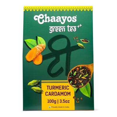 Chaayos Grüner Tee mit Kurkuma und Kardamom | Kurkuma-Kardamom-Tee | Loser Tee mit ganzen Blättern | Stärkung des Immunsystems – 100 g [50 Tassen]