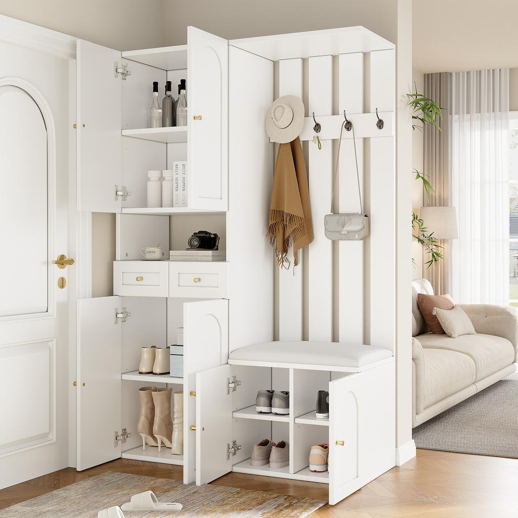 Wardrobe Set, Wall Wardrobe; Wardrobe Set with Shoe Bench and Shoe Cabinet, 4 Hooks, 6 Doors, 2 Drawers, White Hallway Furniture (W110×H180×D37cm)