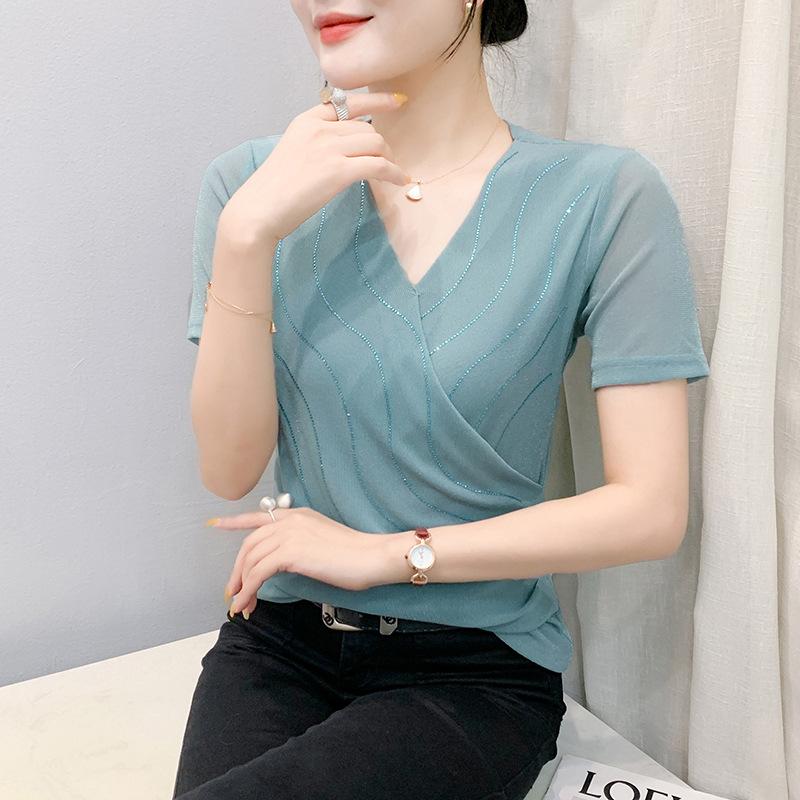 Womens V Neck Wrap Ruched Rhinestone Mesh Short Sleeve Casual Blouse