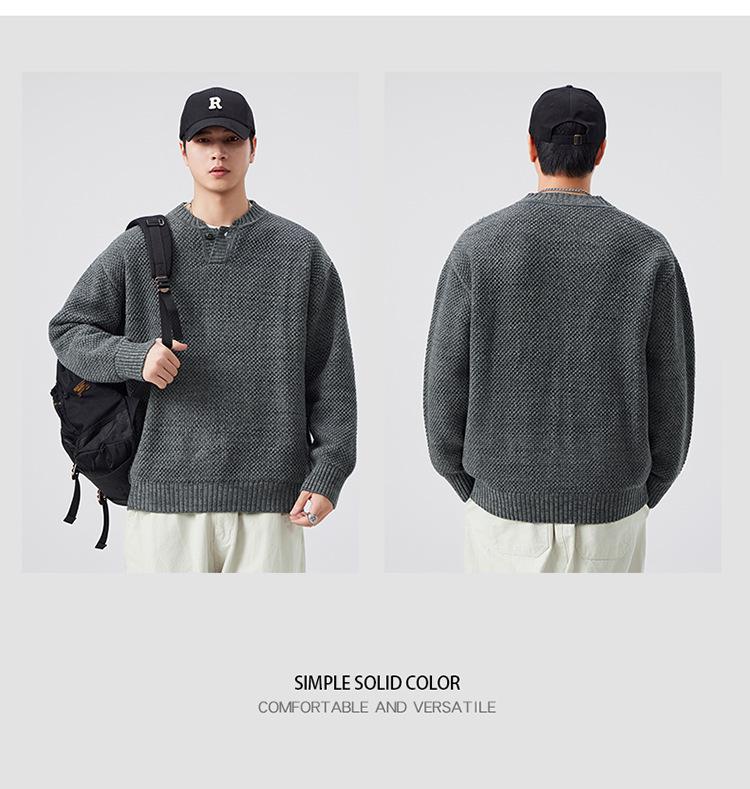 Plus Size Retro Henley Sweater: Men's Autumn/Winter Warm Loose Knitwear