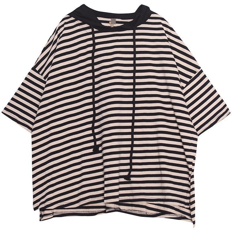 Women Plus Size Hooded Hoodie Loose Striped T-shirt Oversized Tops Short Sleeve Sweatshirt