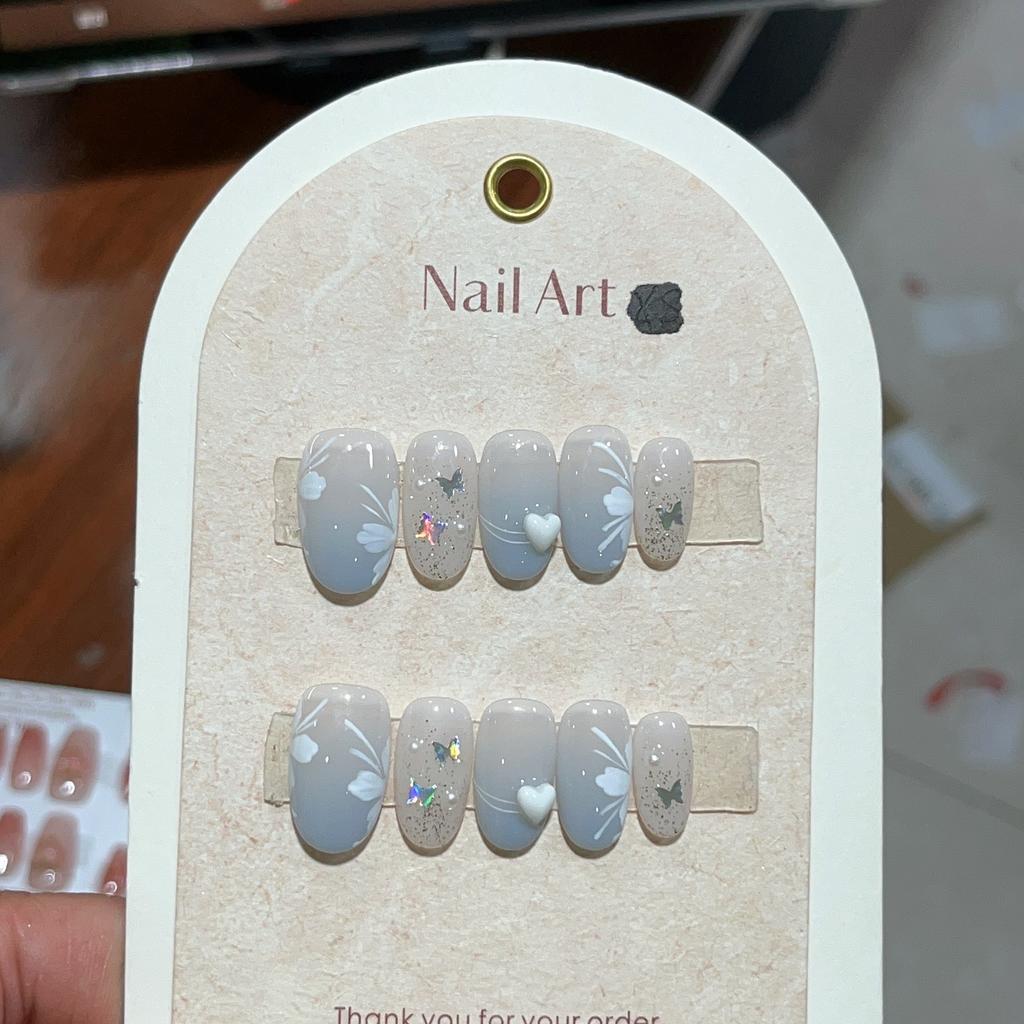 10Pcs French Almond Handmade 3D Flower Press On Nails Reusable Stick On False Nails