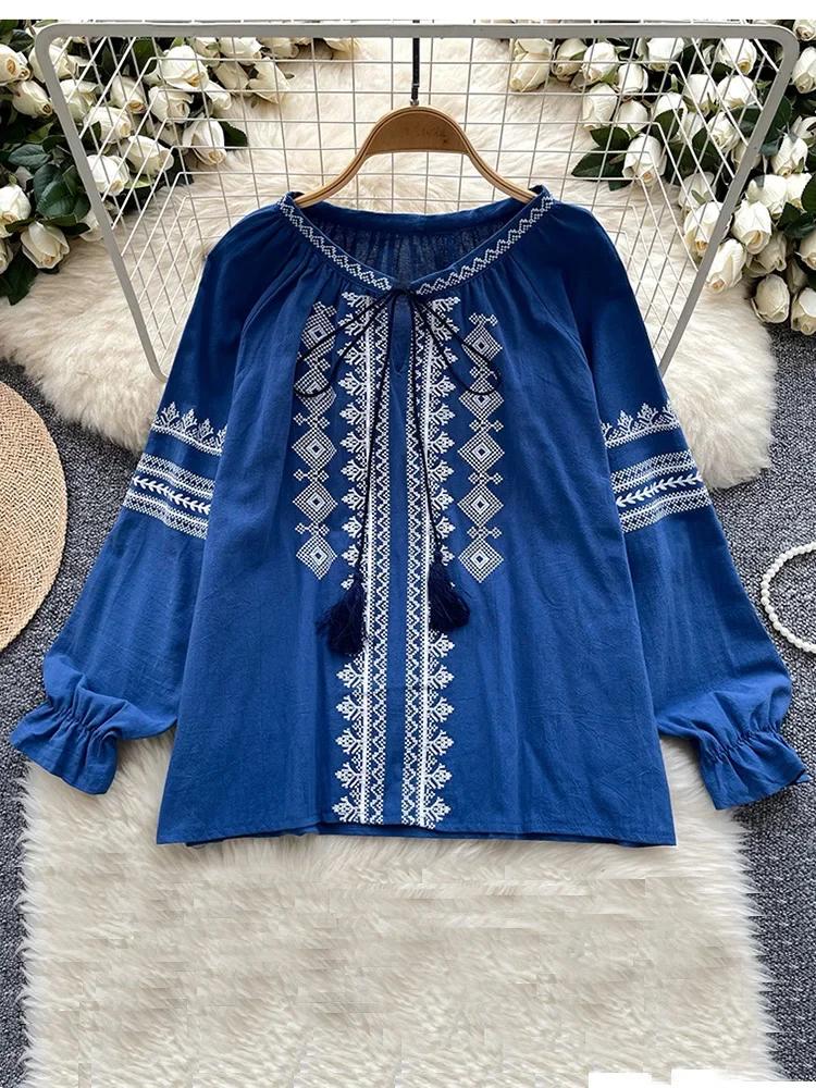 Women's Spring Autumn Shirt New Retro Bohemian Embroidered Lace Up Lantern Long Sleeves Blouse Top