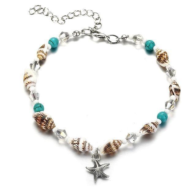 Bohemian Ocean Style Anklet with Alloy Starfish and Scallop Pendants Braided Cord Beach Shell Beads Adjustable Chain Anklet for Women one size красный