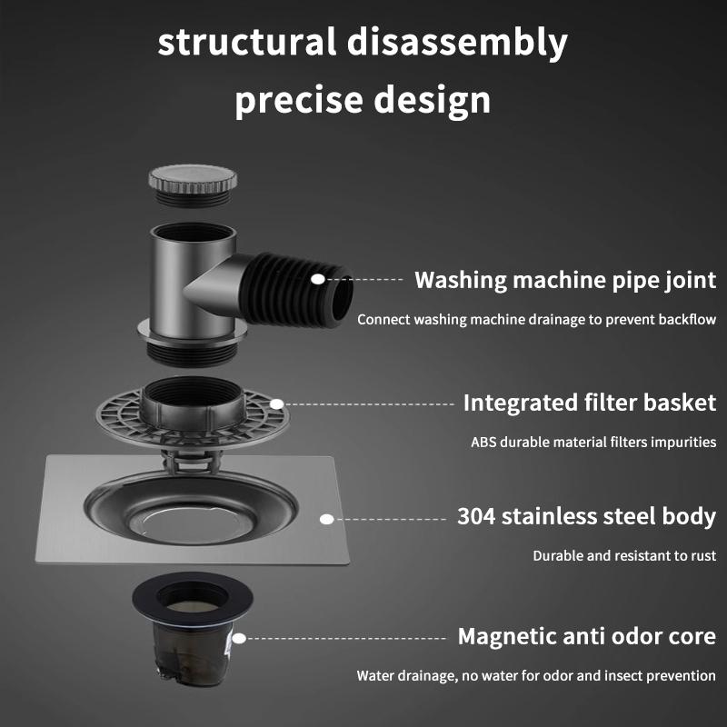 Three-Way Shower Drain Obstacle Filter Square Stainless Steel Odor Resistant Anti-Blocking Sink Strainer for Home Laundry
