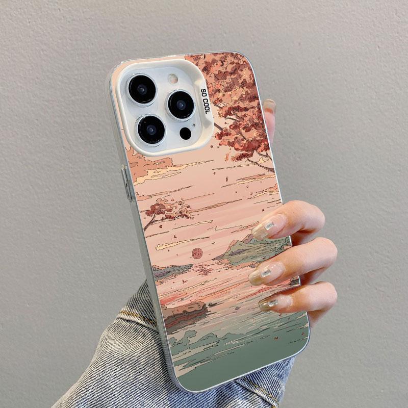 Anime Sky Landscape Art Painting Laser Phone Case For iPhone 12 13 Mini Pro Max 11 14 16 15 Pro Max Plus Shockproof Cover Fundas