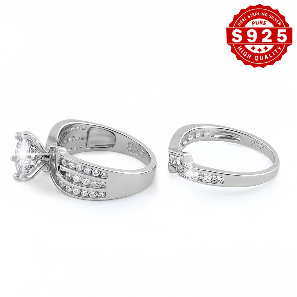 2Set S Silver Fashionable Elegant Engagement Set Ring Inlaid with High-Quality Shiny Synthetic Stones3A Zircon is a perfect jewelry gift for women