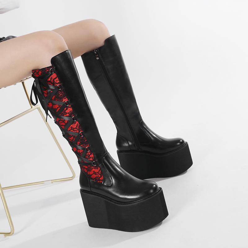 Gdgydh Damen Retro Blumen Schnürstiefel Kniehoch Winterstiefel mit Dickem Keilabsatz Seitenreißverschluss Cowgirl Stiefel Semi-formelles Schuhwerk