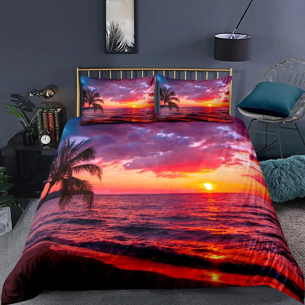 Palm Coconut Tree King Queen Duvet Cover Ocean Blue Sky Bedding Set Sea Landscape Beach Sunset 2/3PCS Polyester Comforter Cover