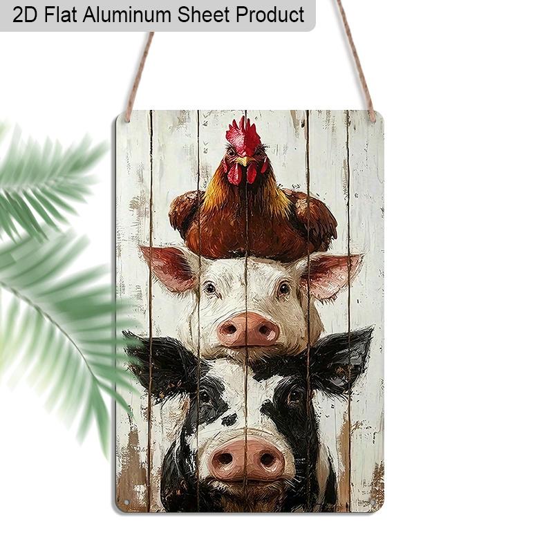 

2D Flat 1pc Vintage Aluminum Sign Farm Animals Stacked Cow Pig Chicken Wall Decor Plaque for Home Kitchen Farmhouse Countryside Decor 20*30cm