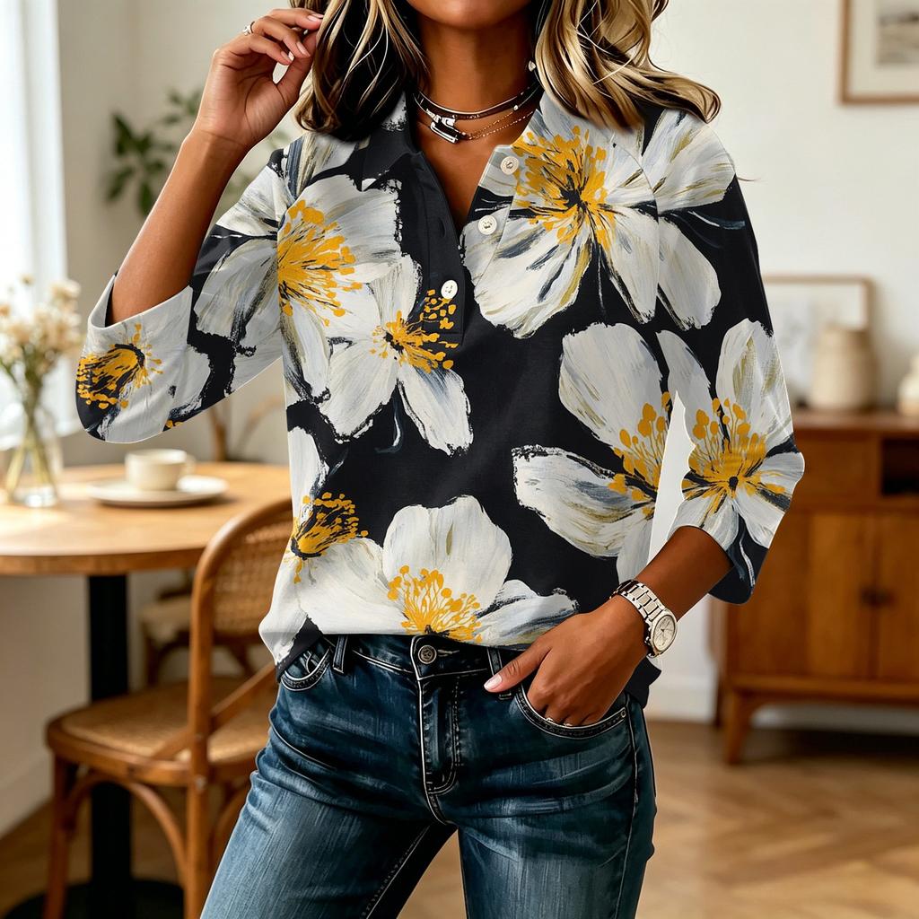 Women's Casual 3/4 Sleeve Top Floral Print Patchwork Blouse Buttoned V-Neck Lightweight Comfortable Fit