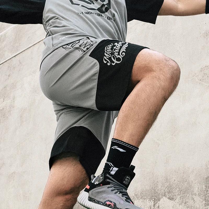 Li-Ning Letter Print Color Block Elastic Waist Straight Leg Quick-Dry Sports Shorts Men Bottoms Shark-Grey Black AAPT045-9