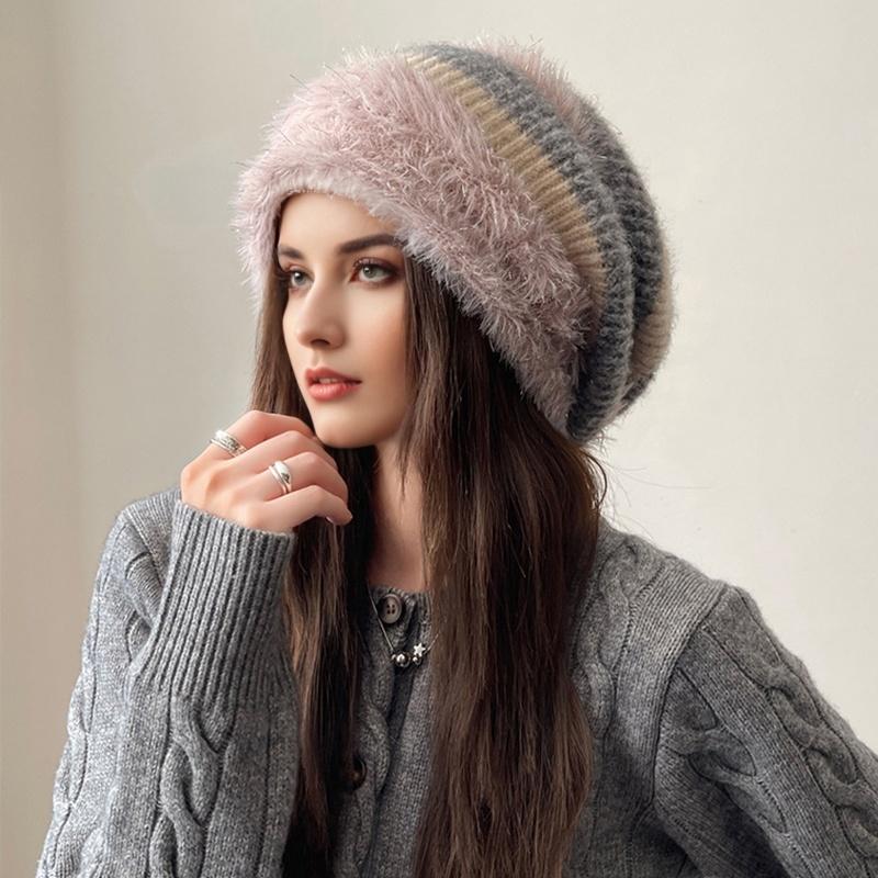 1PC Color Block Elegant Pile Hat Versatile Knitted Fashion High Stretch Warmth Brimless Lightweight Plush Slouchy Hats Multi-Color