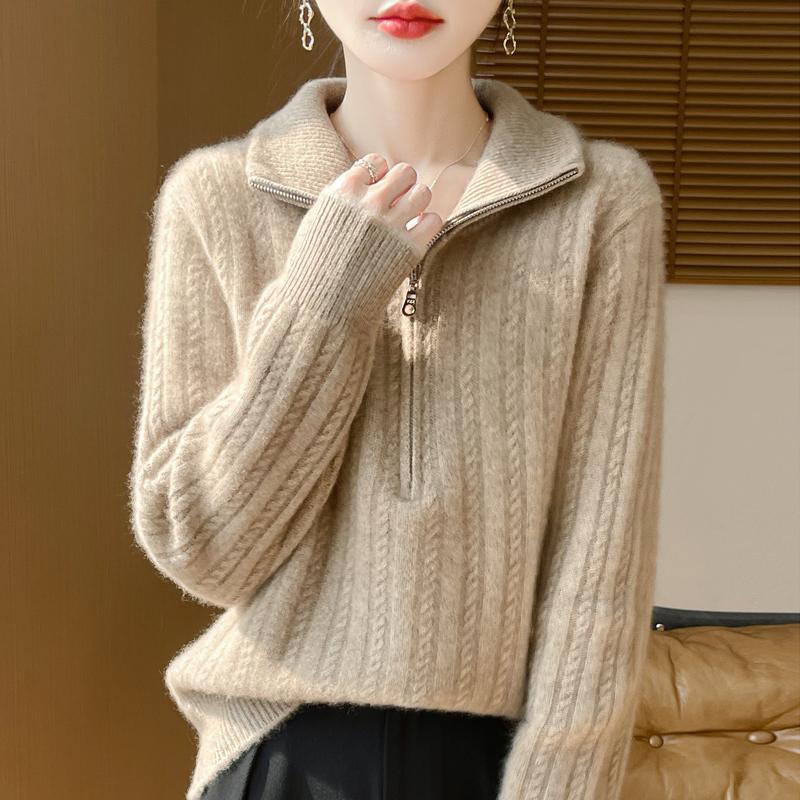 Women Sweater 100% Wool TIDENOVEL Turn-down Collar Knit Pullover Thick Winter Jumpers Female Knit Tops Zipper