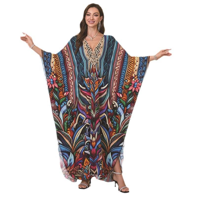 2025 European & American Cotton Printed Beach Dress Women's Long Loose Cover-Up with Sun Protection