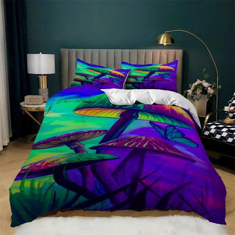 Pilz Bettbezug Set Cartoon Bettwäsche Set Naturpflanzen Druck Bettdeckenbezug Kissenbezüge King Für Kinder Erwachsene Schlafzimmer Deko