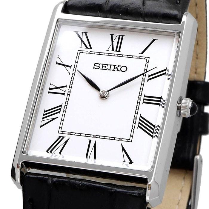 Seiko SWR049 Quartz Square Watch, White Dial, Black Leather Band