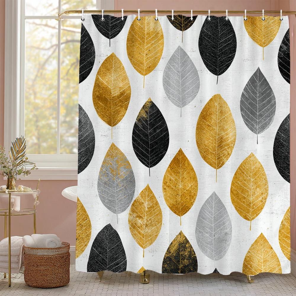 Golden Leaf Shower Curtain, Bathroom Decorative Shower Curtain, Waterproof Shower Curtain With Hooks